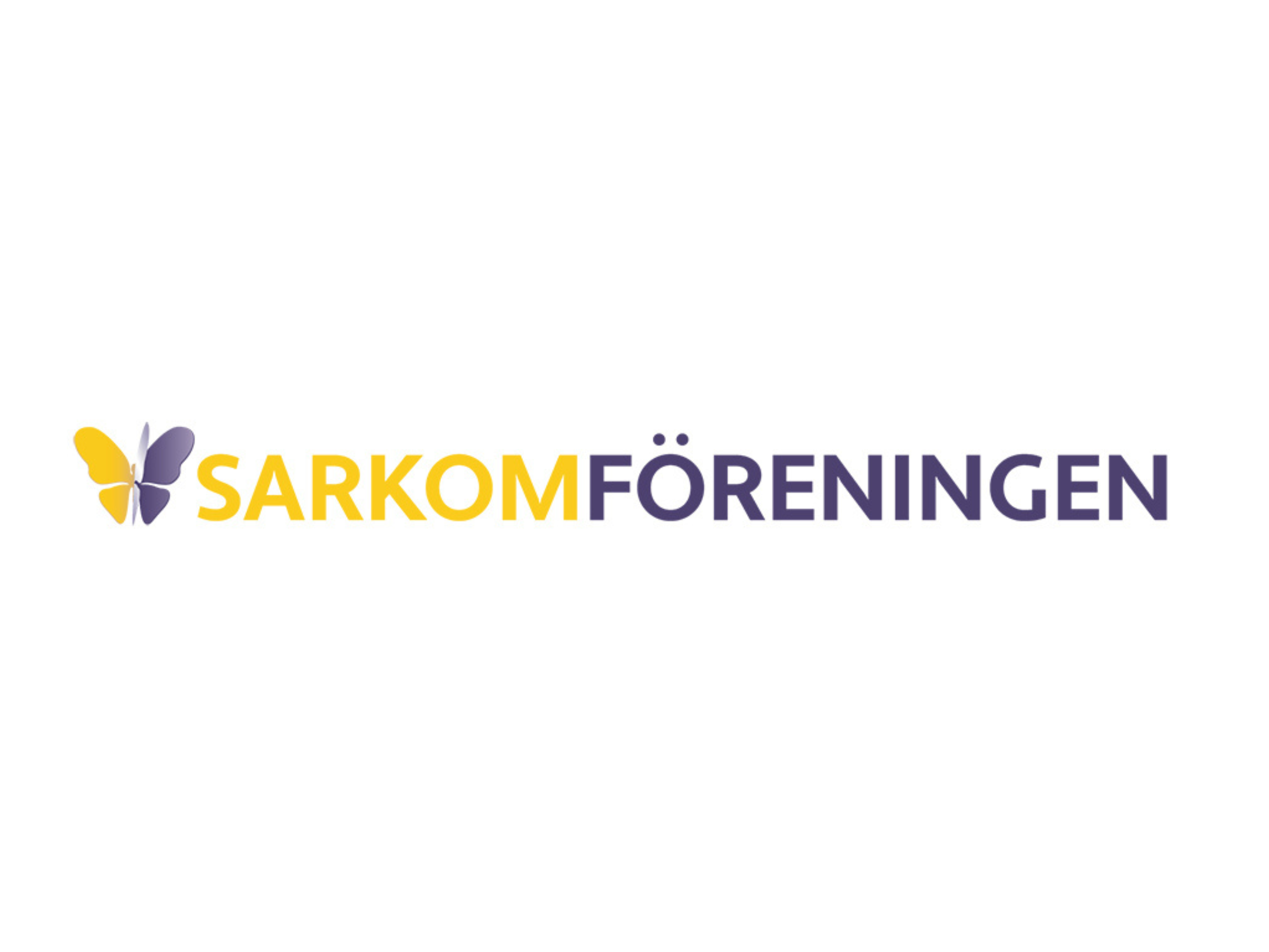 logotyp från Sarkomföreningen i gul och lila med en fjäril i början. 